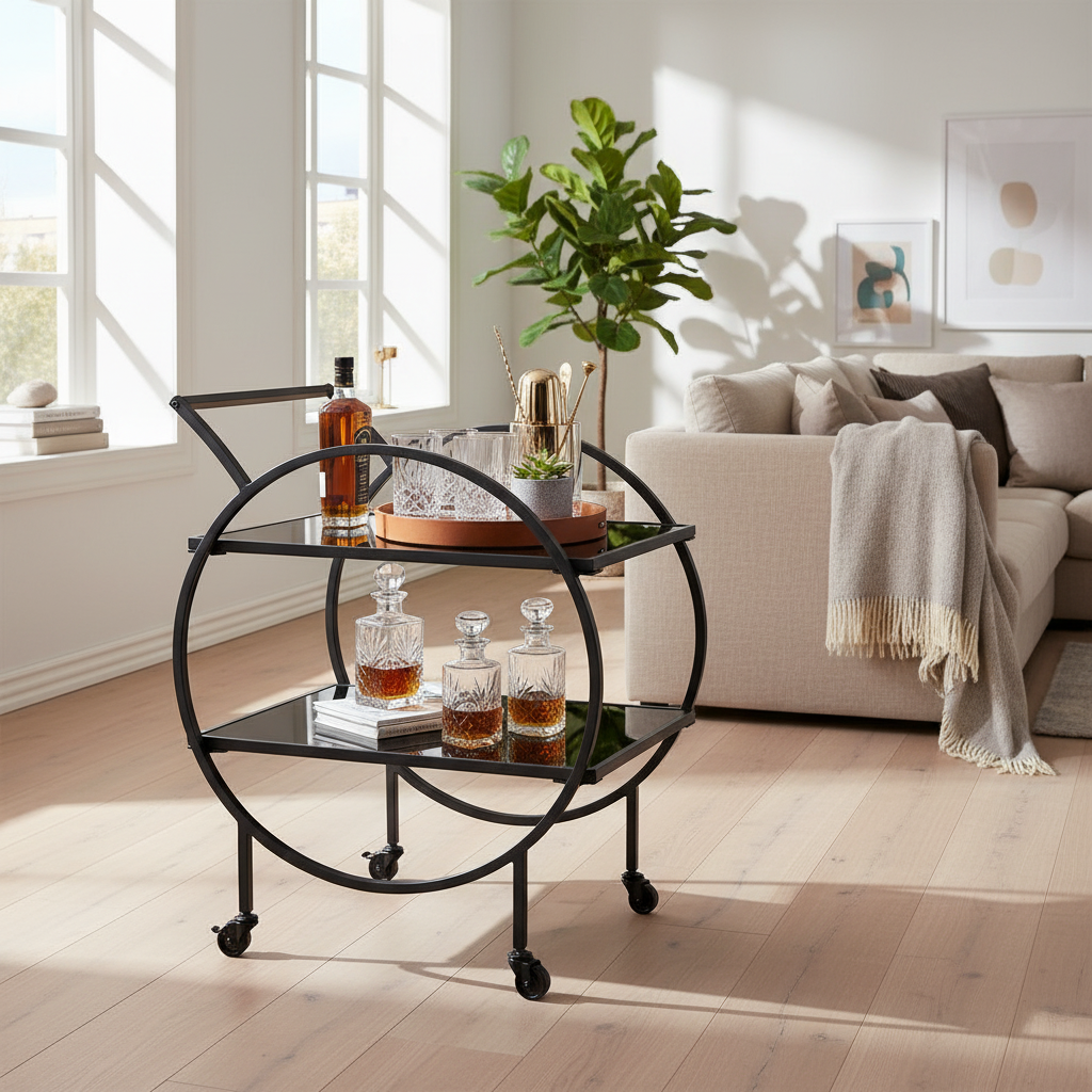Designer-barvogn med rund metalramme og sort glas, stylet i lys stue som signaturmøbel