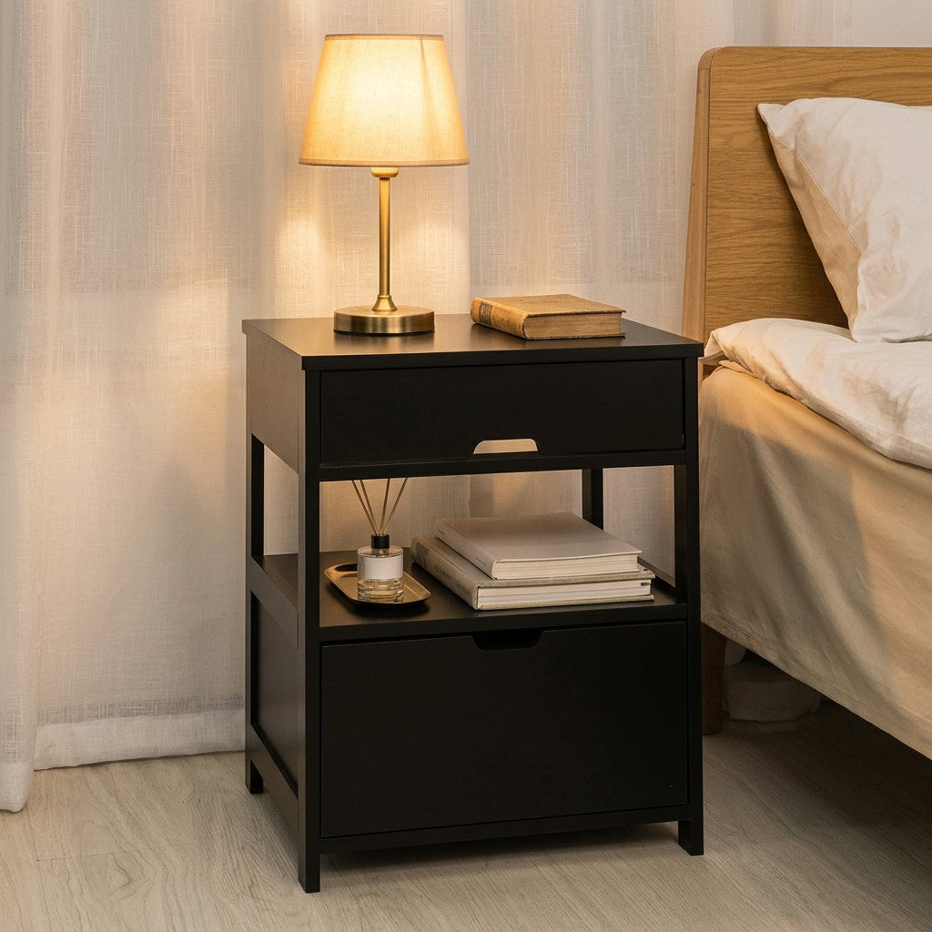 Lille sort sengebord med skuffe ved en seng med lampe og bog, der holder sengekanten rolig