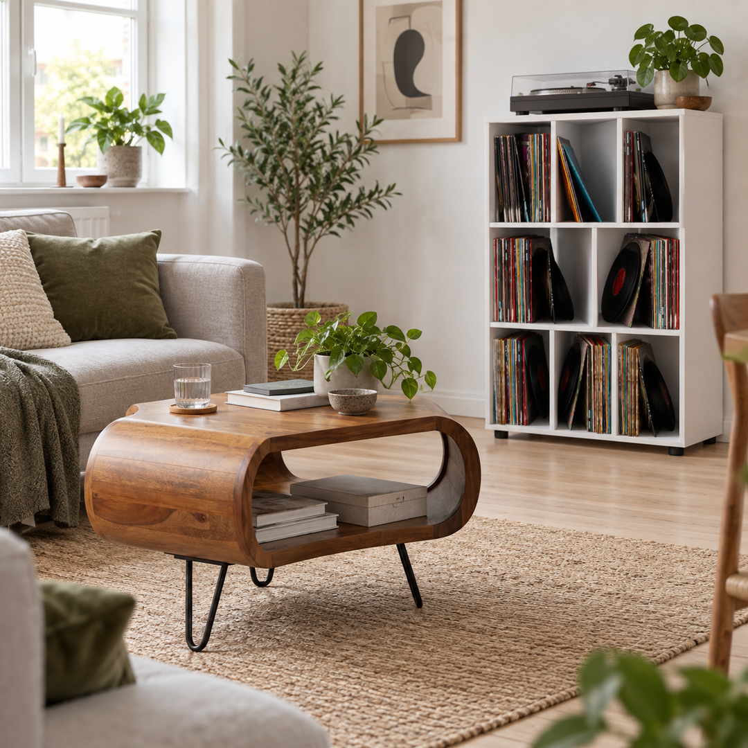 Sofabord og LP-reol i en dansk stue som eksempler på møbler med hver sin funktion