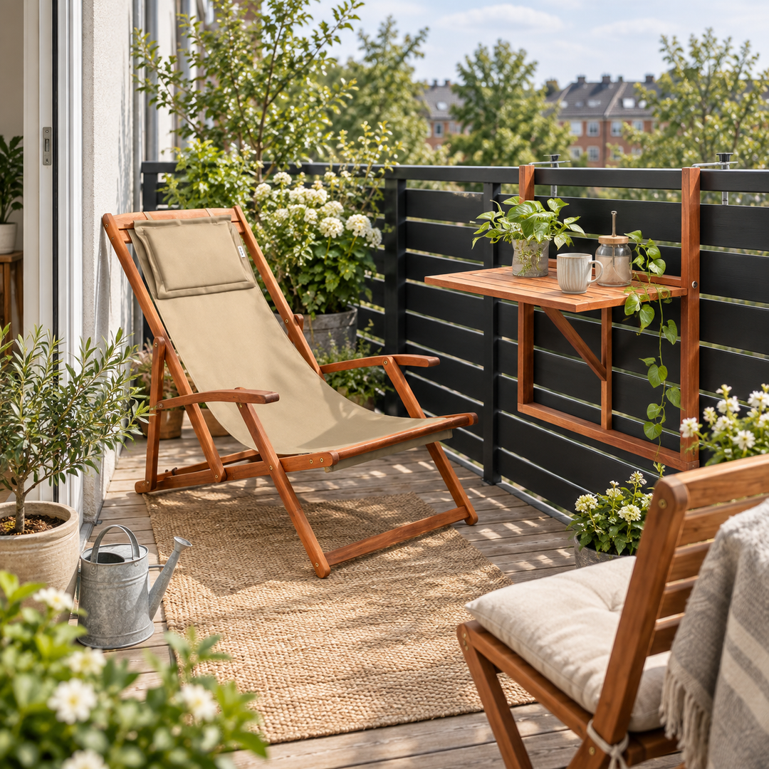 Stol og altanbord på en stor dansk altan med plads til flere måder at opholde sig ude