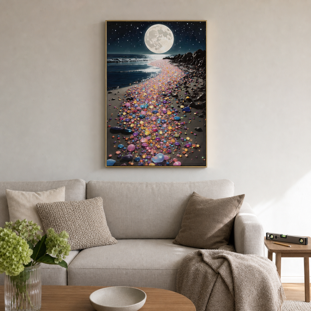 Canvas hænger lige over sofaen uden synlige kroge