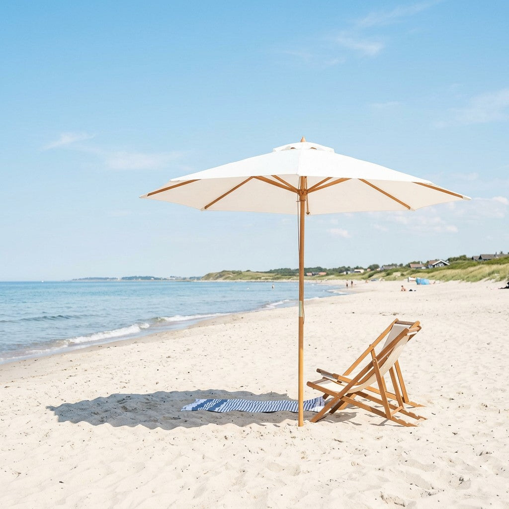 Hvid strandparasol planted i sandet paa en dansk strand med to klapstole og et stribet haandklaede i skyggen