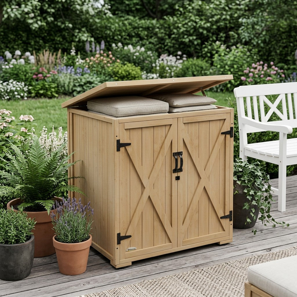 Grå plasthavekasse med træstruktur på en dansk terrasse med hynder opbevaret tørt indeni