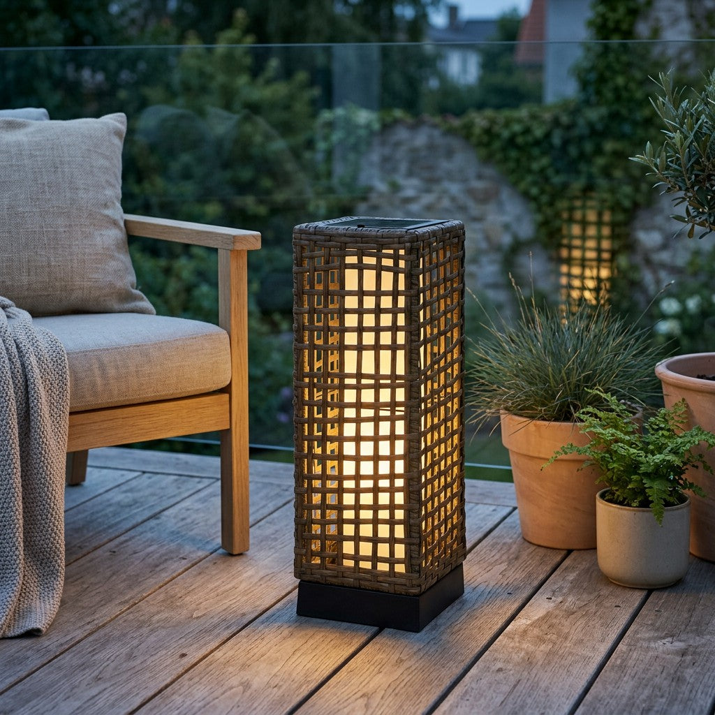 Afskærmet solcellelampe i rattan-look spreder et blødt varmt lys på en dansk terrasse i skumringen uden at blænde