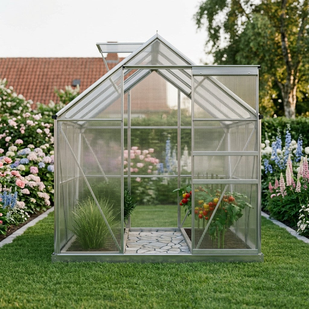 Sølvfarvet aluminiumsdrivhus med klare plader og åbent tagvindue placeret midt i en dansk sommerhave