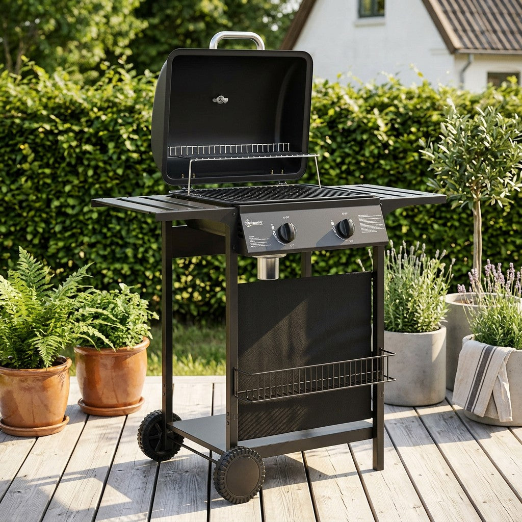 Rustfri gasgrill med to brændere på en solbeskinnet dansk terrasse med trædæk og grønne planter