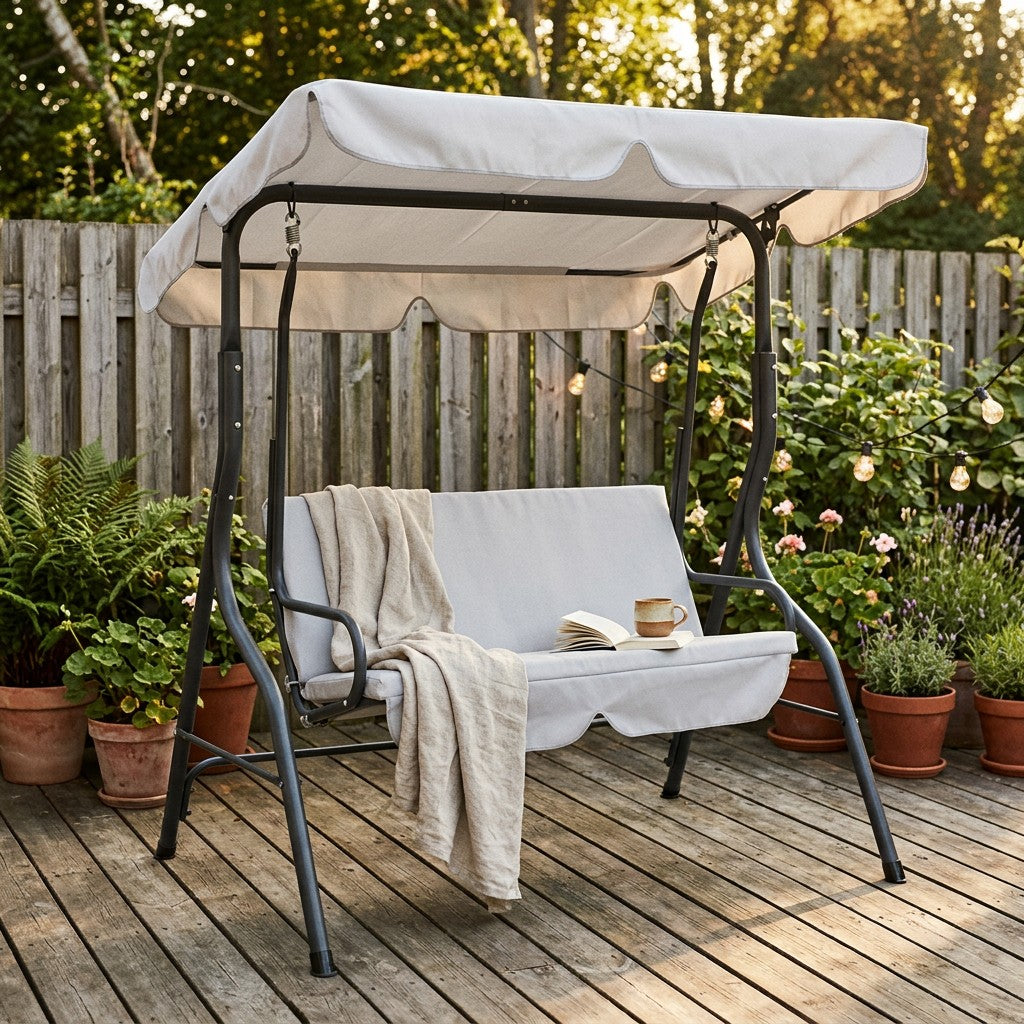 Lysegrå gyngebænk med baldakin på en hyggelig dansk sommerterrasse med plaid, bog og kaffekop