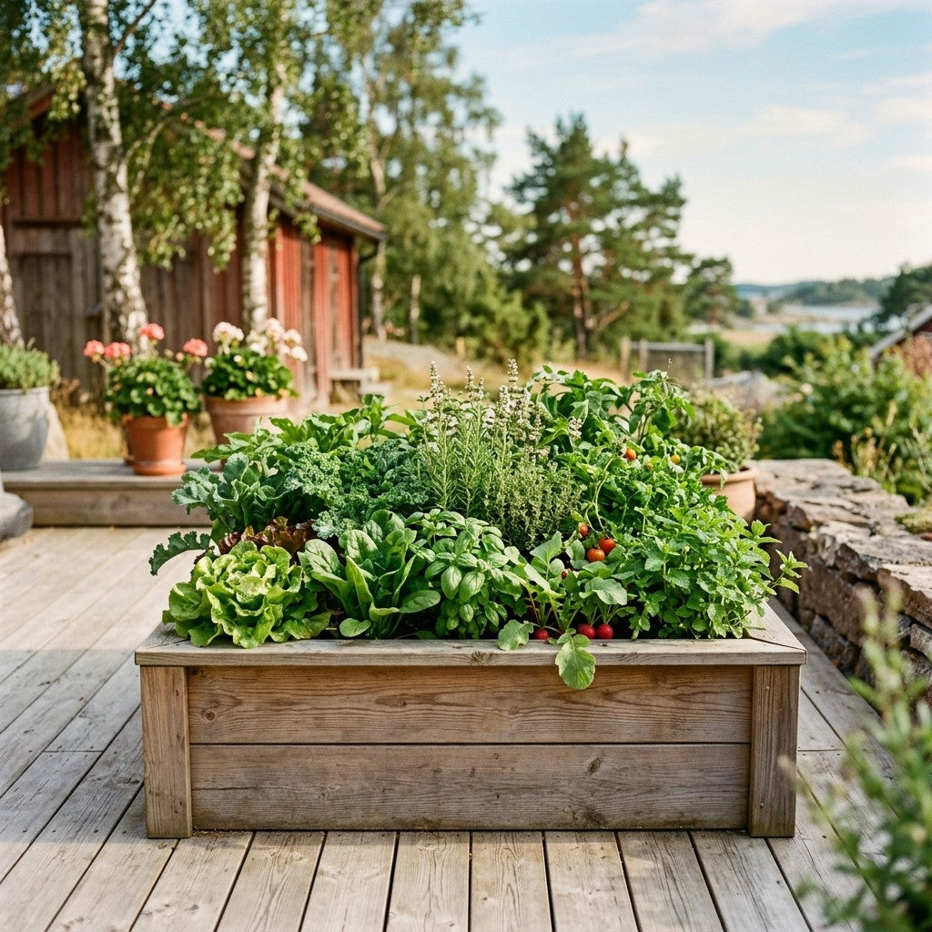 Træhøjbed på en solrig terrasse plantet til med salat, krydderurter og små grøntsager
