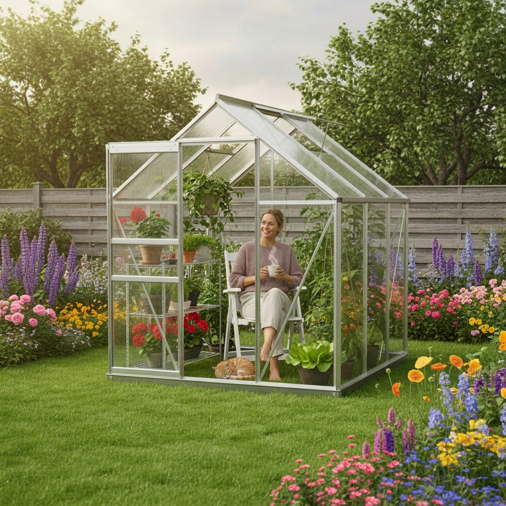 Stort drivhus i sølvfarvet aluminium med polycarbonatplader på en græsplæne i en dansk have i eftermiddagslys