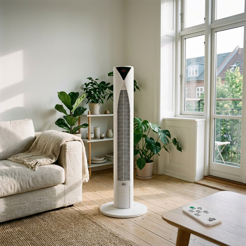 Slank hvid tårnventilator i en lille lys dansk stue ved vinduet en sommereftermiddag