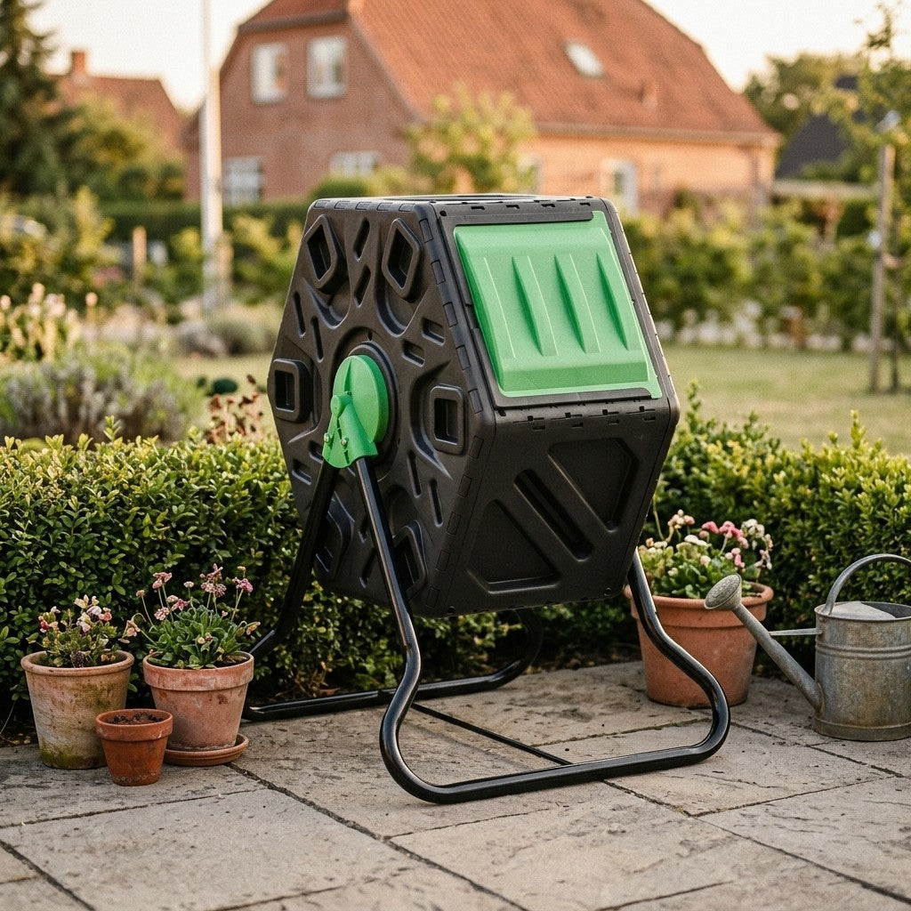 Groen roterbar kompostbeholder paa staalstativ i et dansk havehjoerne med terrakottakrukker i aftensol