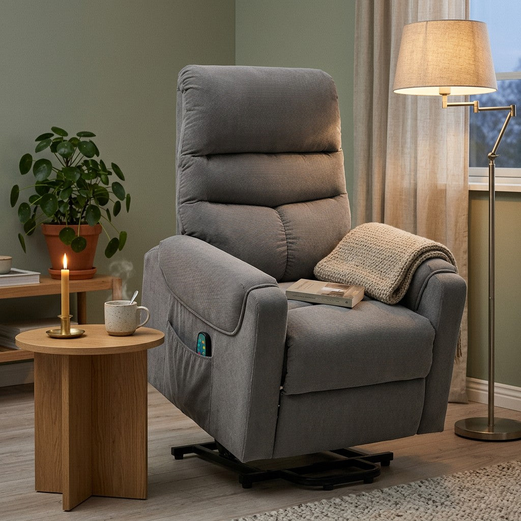 Grå massagestol med lænefunktion i en hyggelig dansk stue med plaid, kaffe og levende lys