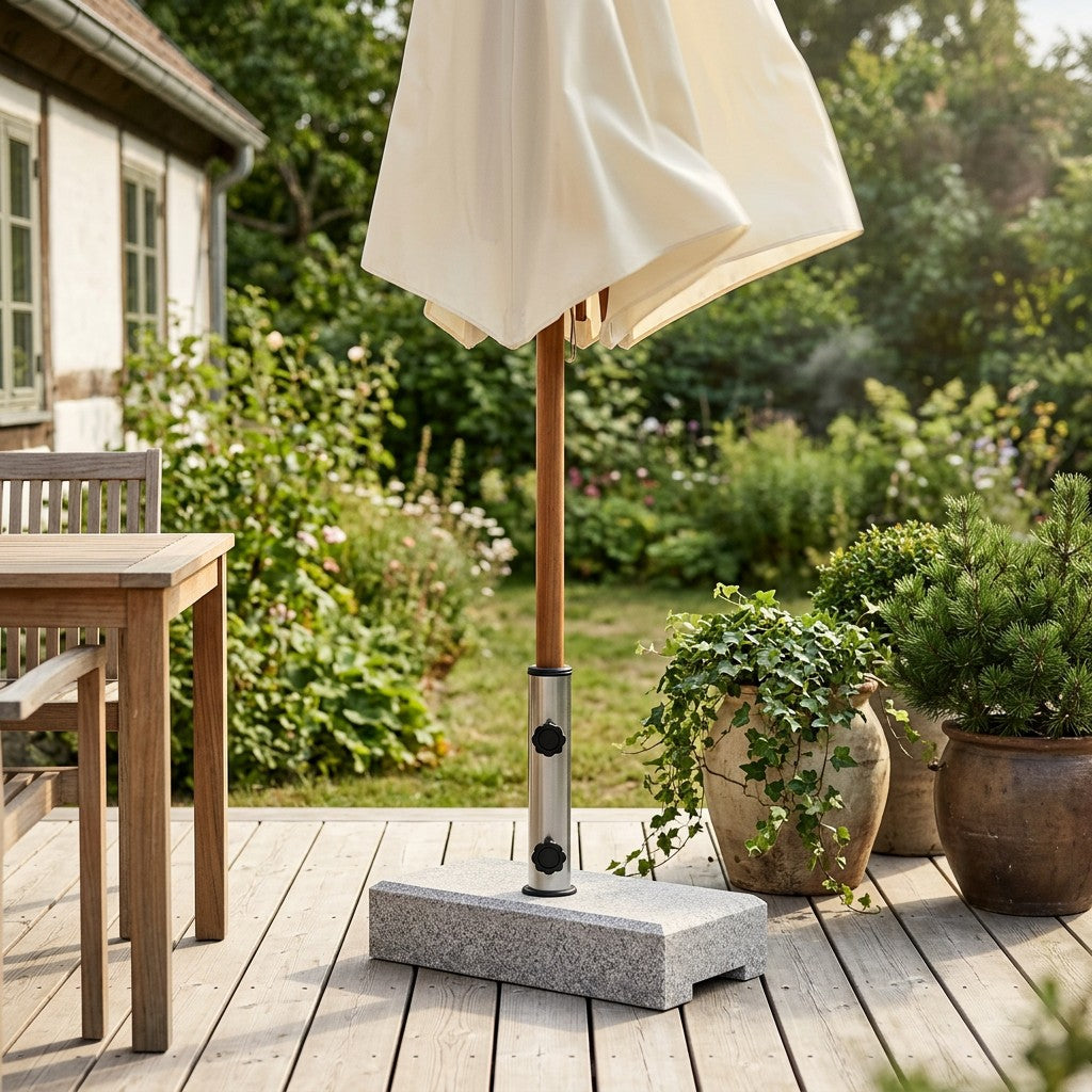 Tung granitfod holder en haveparasol oprejst på en terrasse mens dugen blafrer i vinden