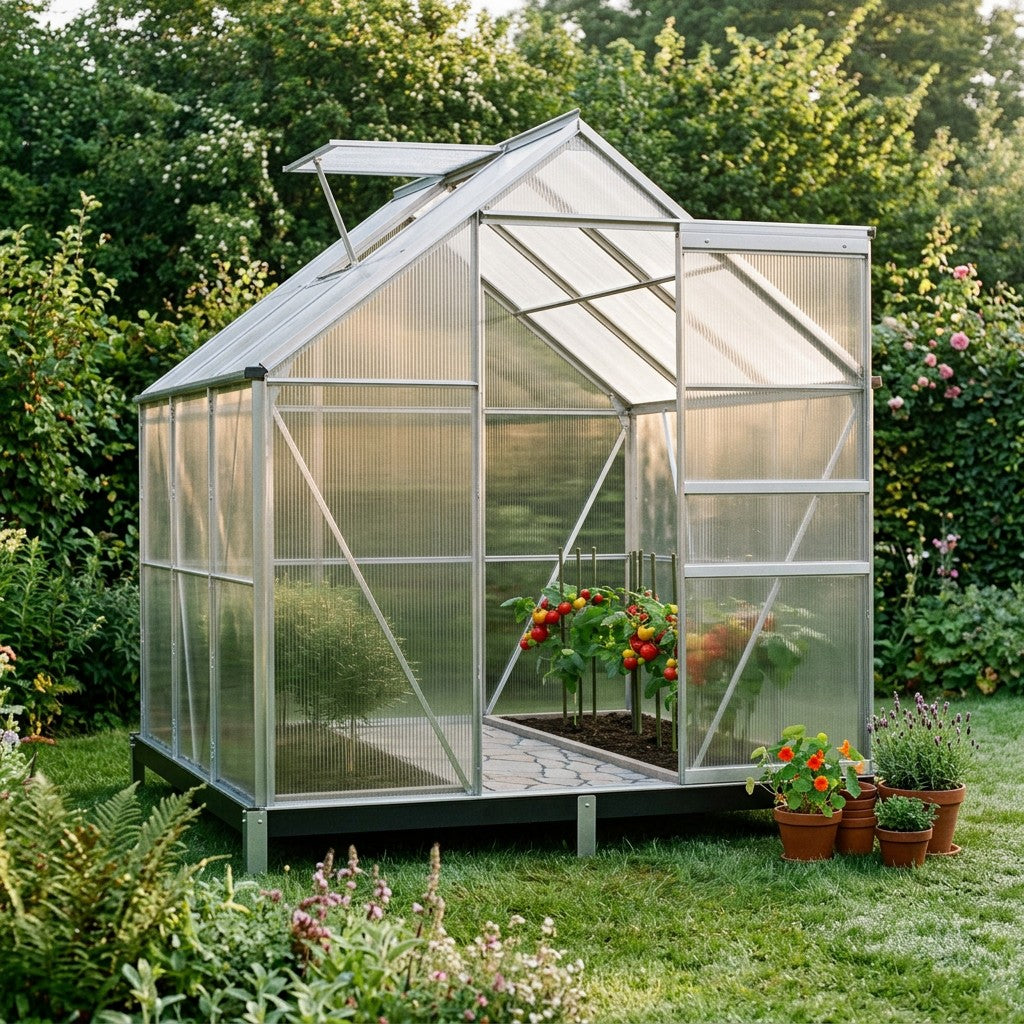 Aluminiumsdrivhus med klare polycarbonatplader i en grøn dansk have en sommermorgen