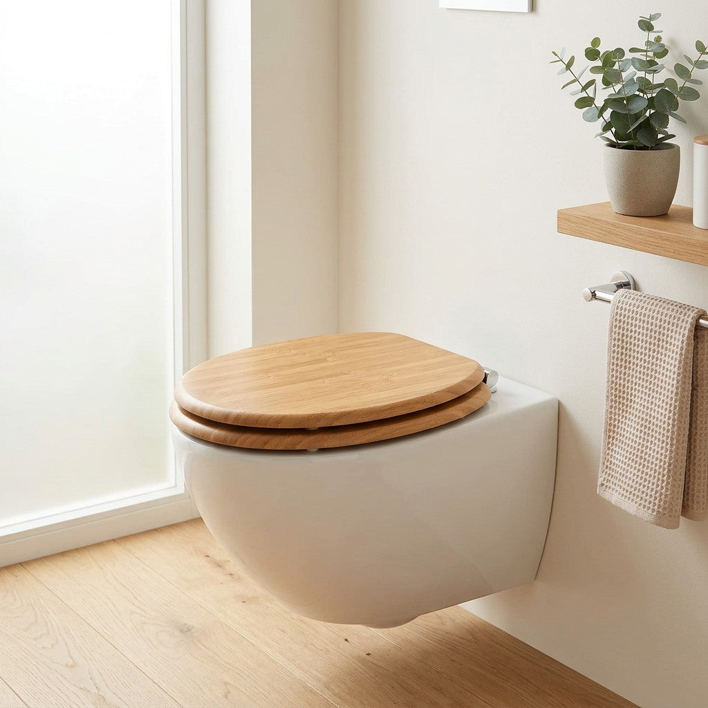 Naturfarvet bambus toiletbræt med soft close på hvidt toilet i lyst skandinavisk badeværelse