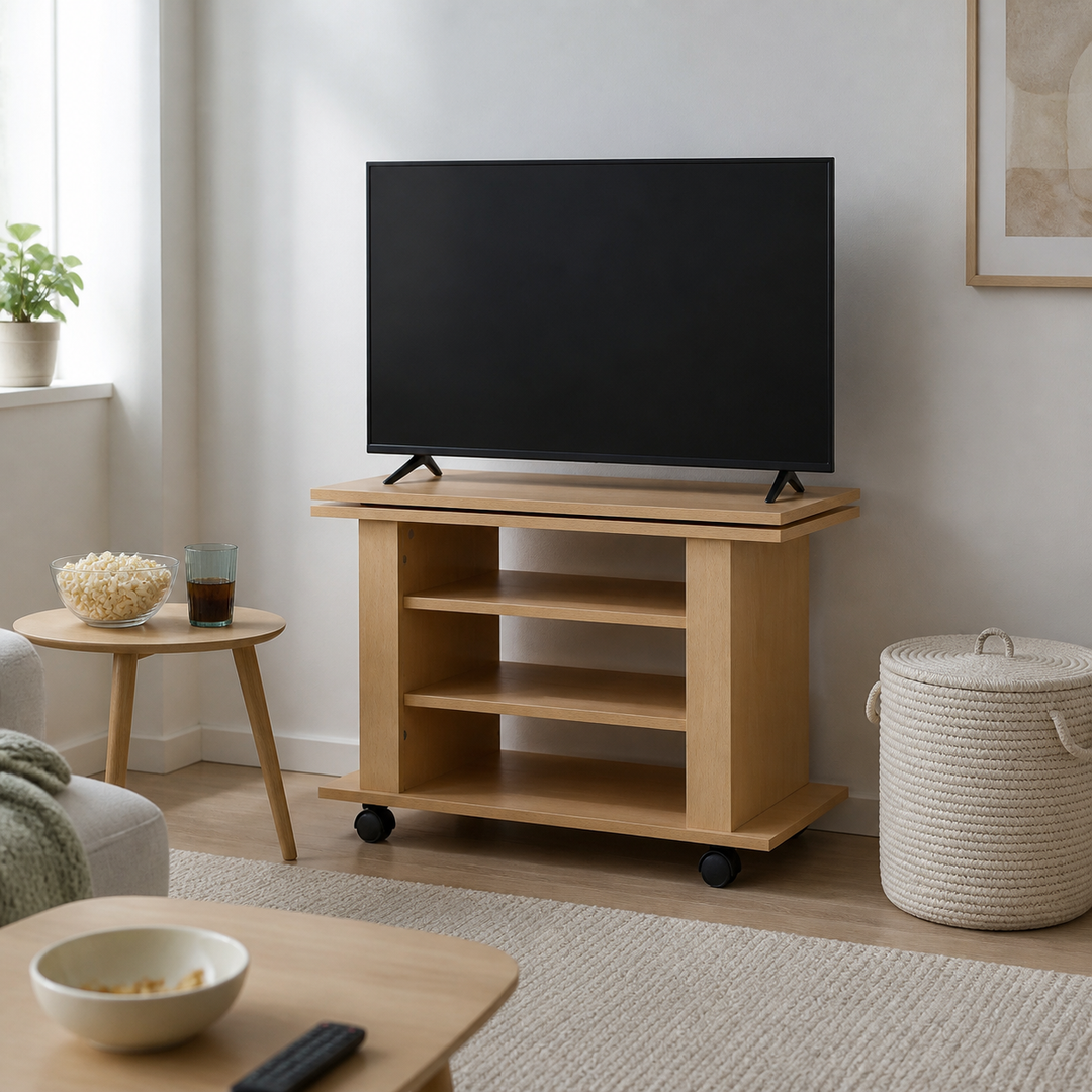 det kompakte TV-bord i lyst bøgelook i lys dansk stue, hvor TV-bordet står under en slukket sort skærm på en rolig væg