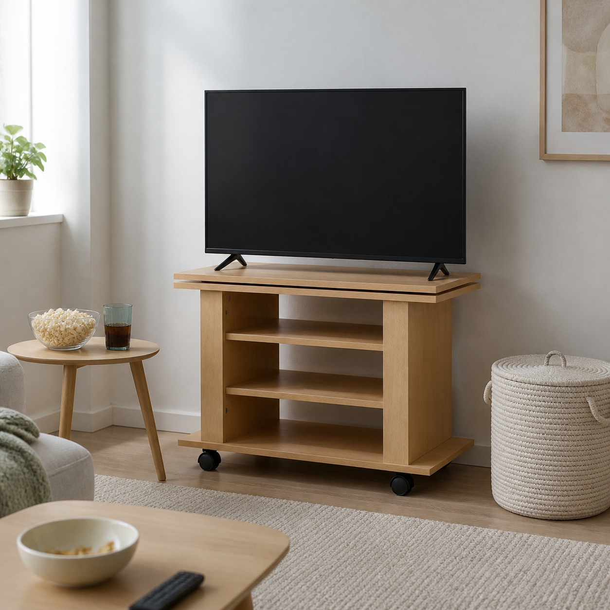 det kompakte TV-bord i lyst bøgelook i lys dansk stue, hvor TV-bordet står under en slukket sort skærm på en rolig væg