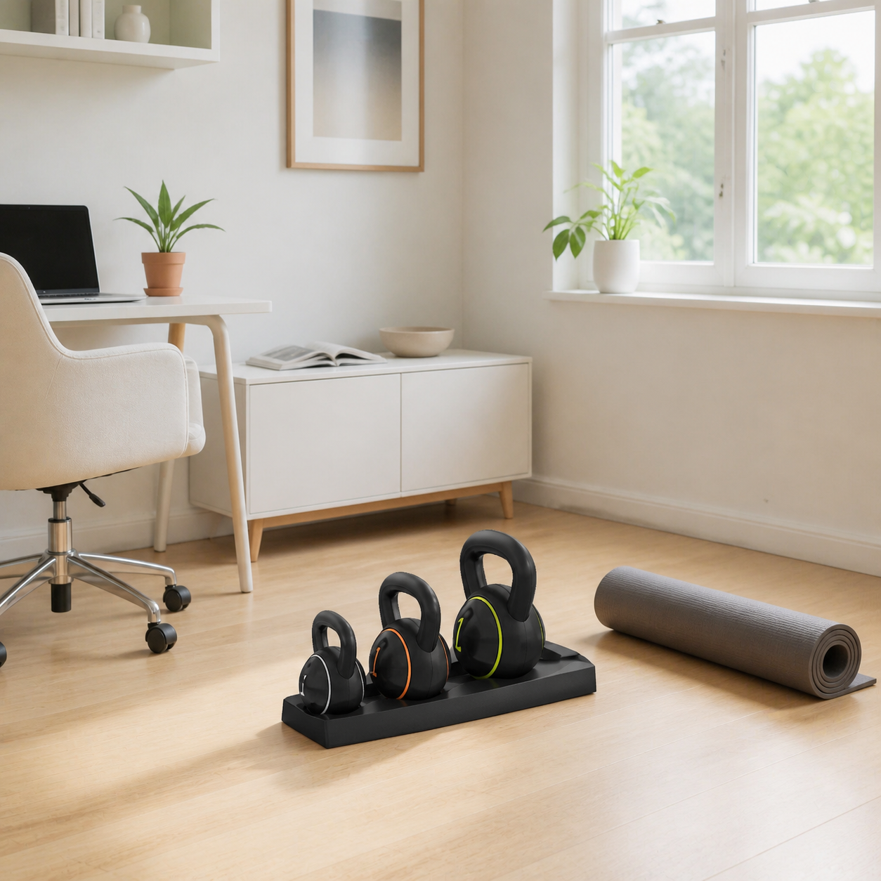 sættet med tre sorte kettlebells i lyst hjemmekontor med en lav stabil opbevaringszone ved væggen og et frit træningsfelt ved siden af