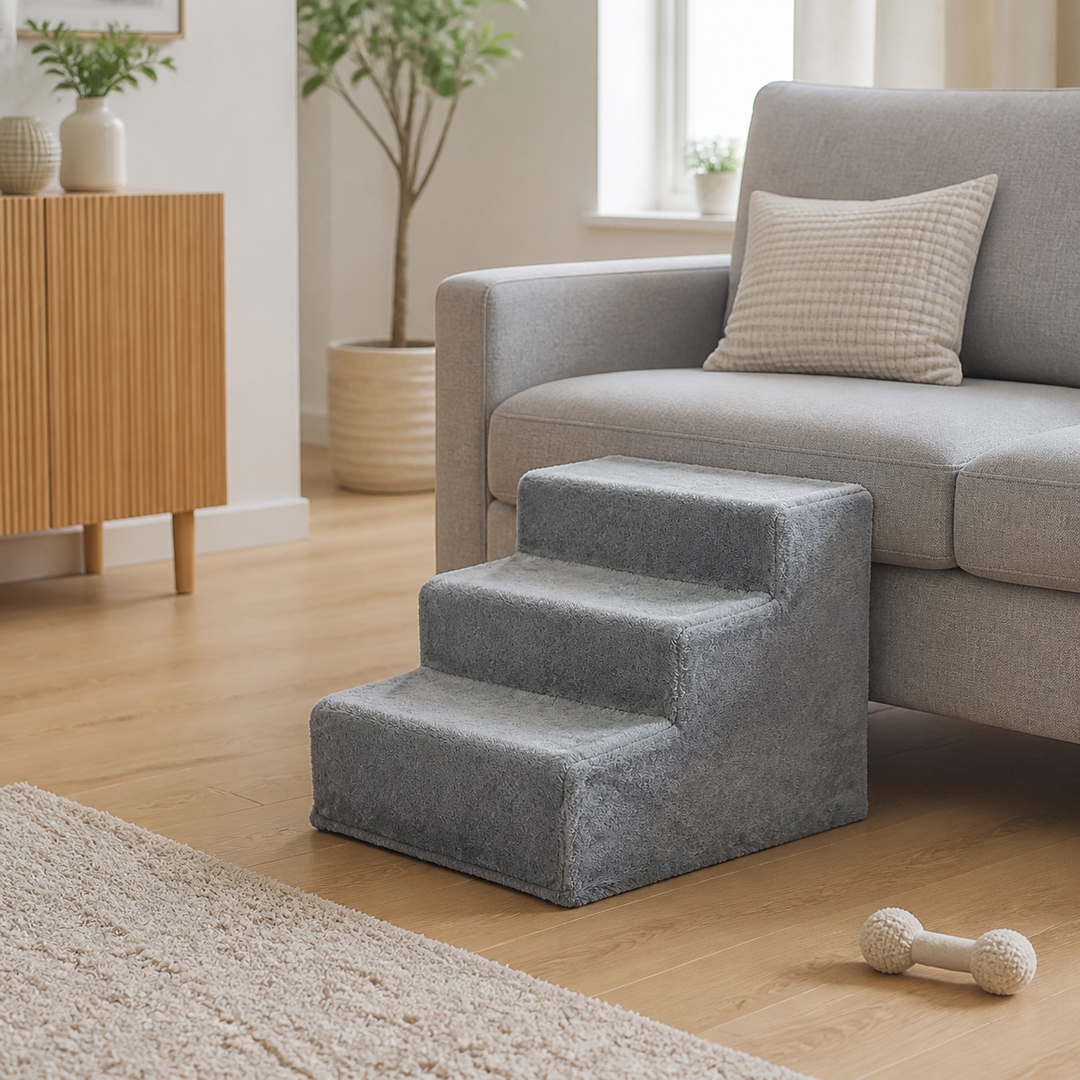 den lysegrå hundetrappe i lys dansk stue, hvor hundetrappen står plant og tæt mod siden af en 44 cm høj sofa med fri passage ved siden af