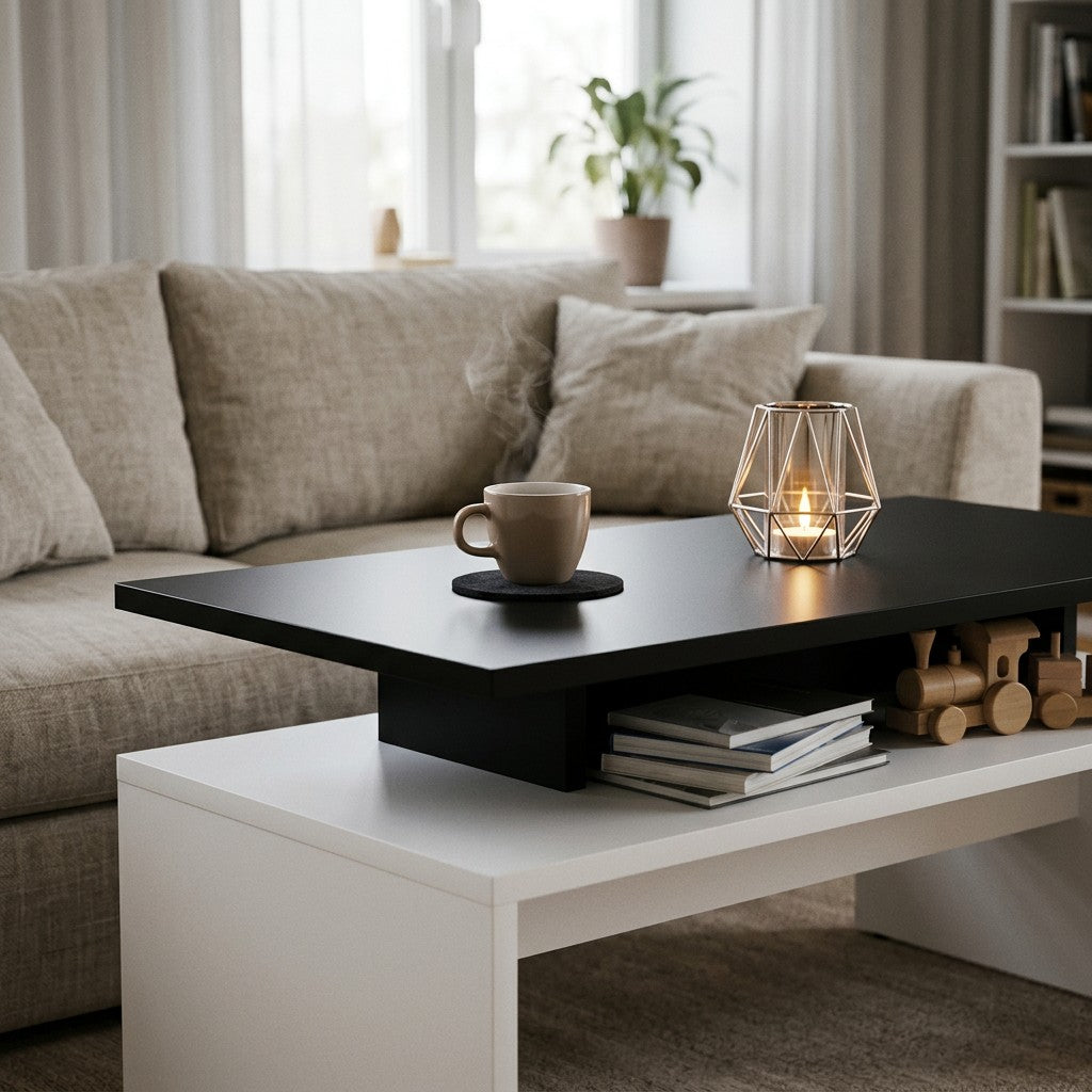 Sofabord med sort plade og hvid hylde, kaffekop staar paa glasbrik