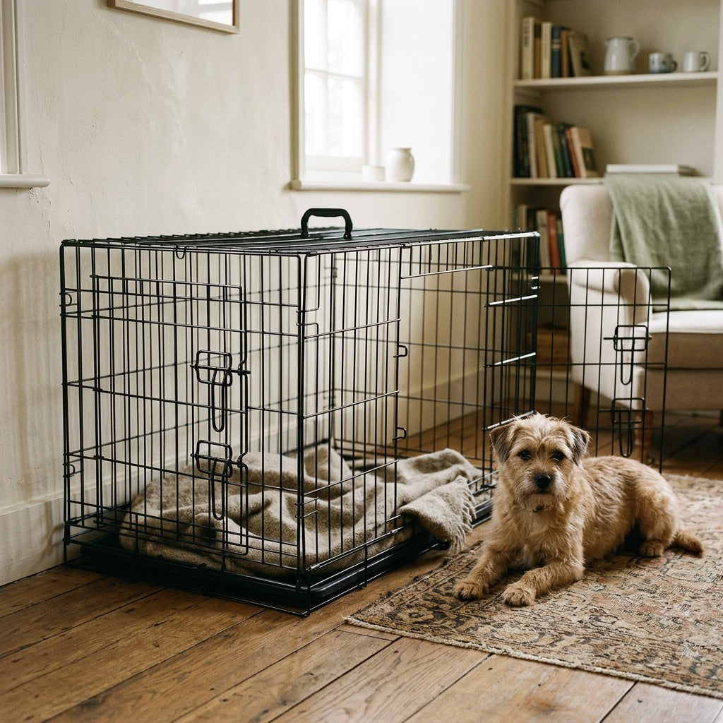 Sort traadbur til hund i stuen med en hund der ligger roligt paa taeppet ved siden af