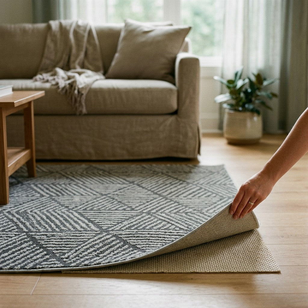 Moerkegraat taeppe med geometrisk moenster ligger fast paa glat traegulv