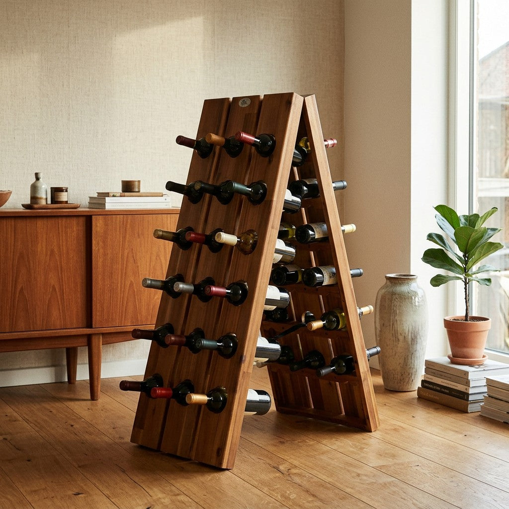 Foldbar vinreol i akacietræ med vinflasker liggende ned i en varm dansk stue med sideboard og plante