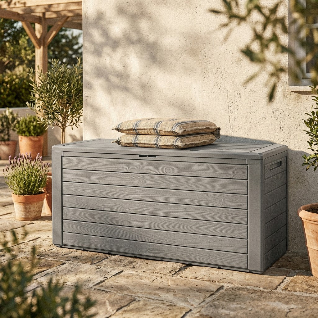 Grå hyndekasse i wood-look resin med sammenlagte havehynder ovenpå på en stenterrasse med potteplanter og oliventræ