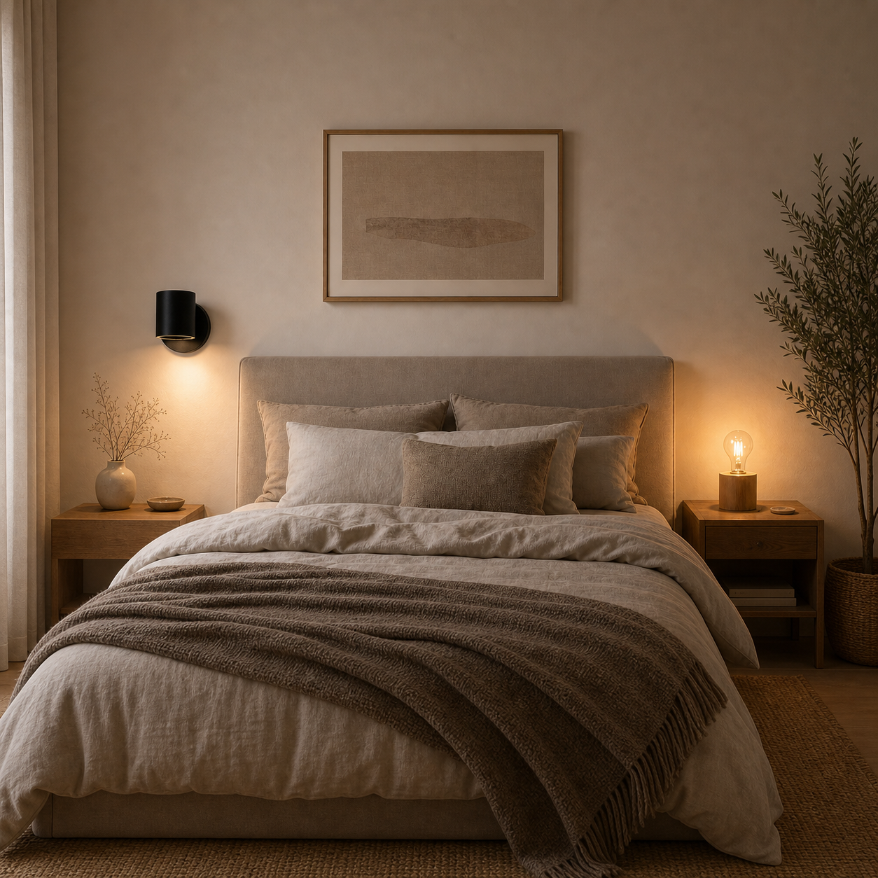 Sammenligning af sort væglampe og bordlampe i træ ved sengen