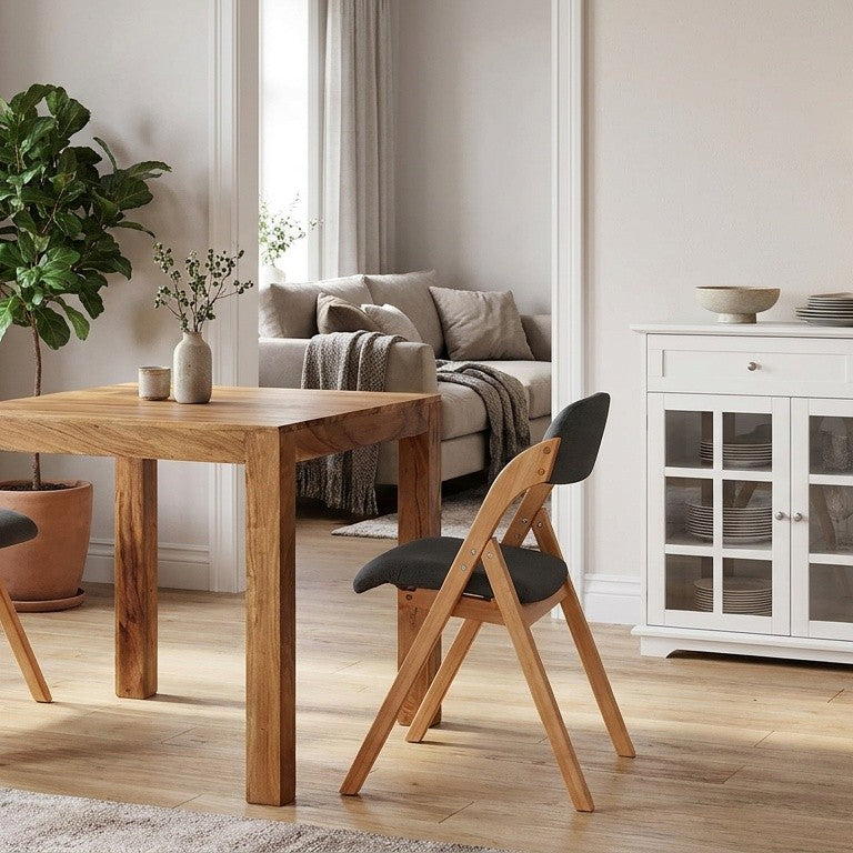 Lys dansk spisestue med kvadratisk akacietræsbord, grå foldestole og en lav hvid skænk med glasdøre langs væggen