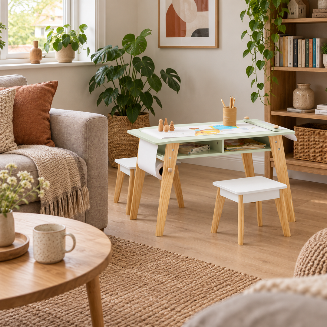 Et børnebord med tegnepapir ved siden af voksnes opholdsplads, ingen børn, taburetter i korrekt lav skala