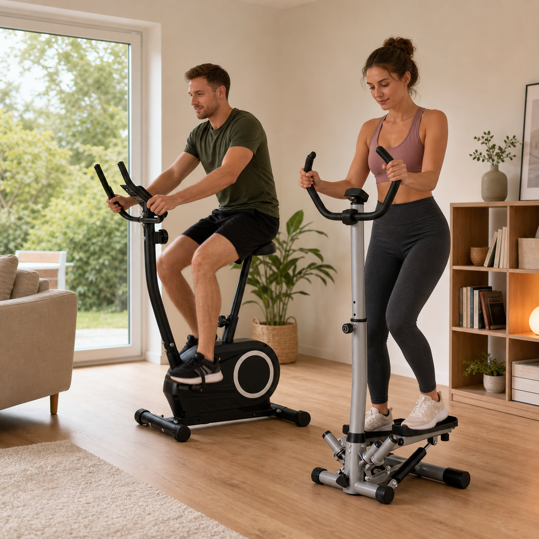Siddende motionscykel og stående stepper som to valg til hjemmetræning