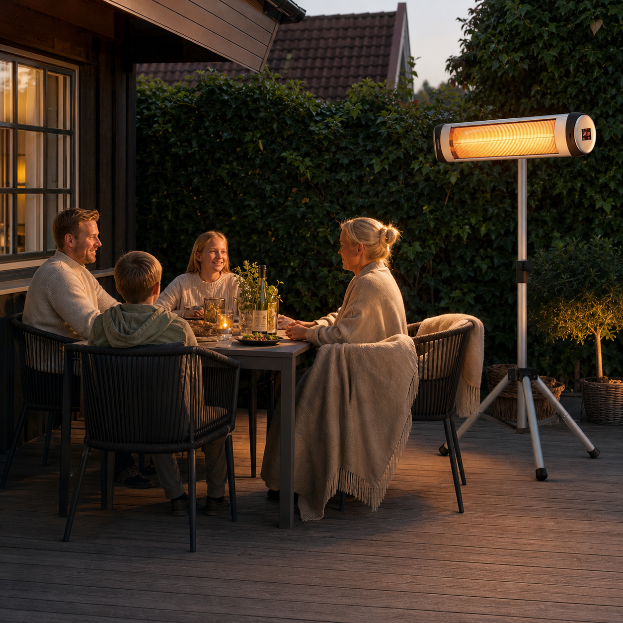 Terrasse brugt en varm sensommeraften med lys og tæpper