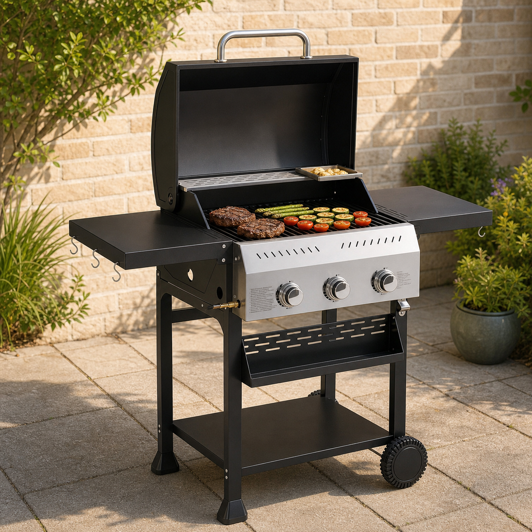 Gasgrill med tre adskilte varmeområder på terrassen