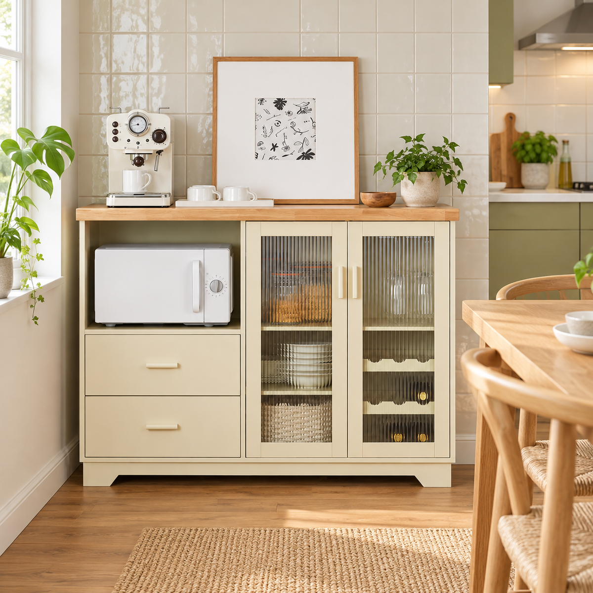 Rumoversigt med beige skænk og en blank glaseret flisevæg som afgrænset baggrund