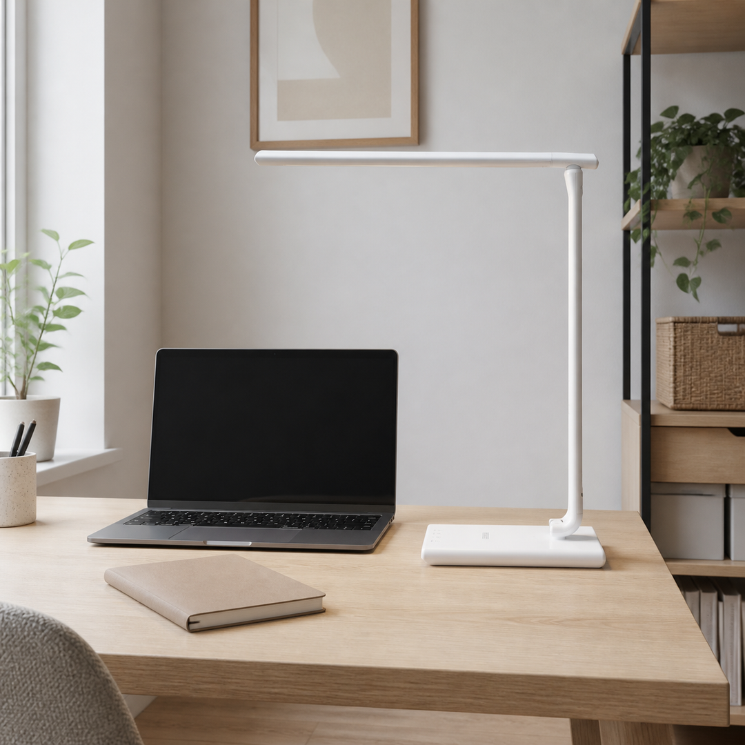 Hvid bordlampe på et lille skrivebord med lokal arbejdszone