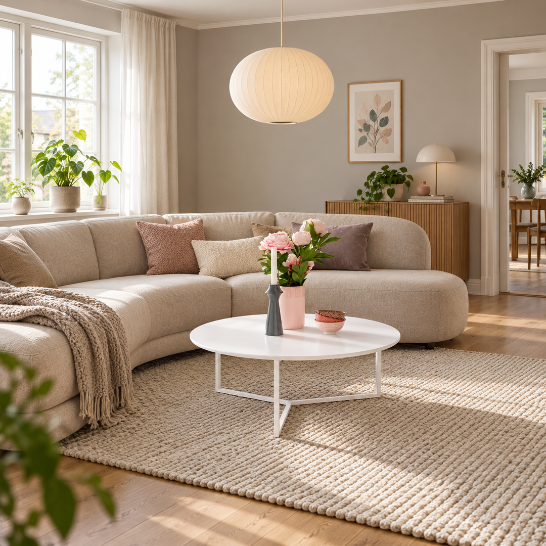Stueoversigt fra afstand med den tydeligt buede sofa og det runde hvide sofabord