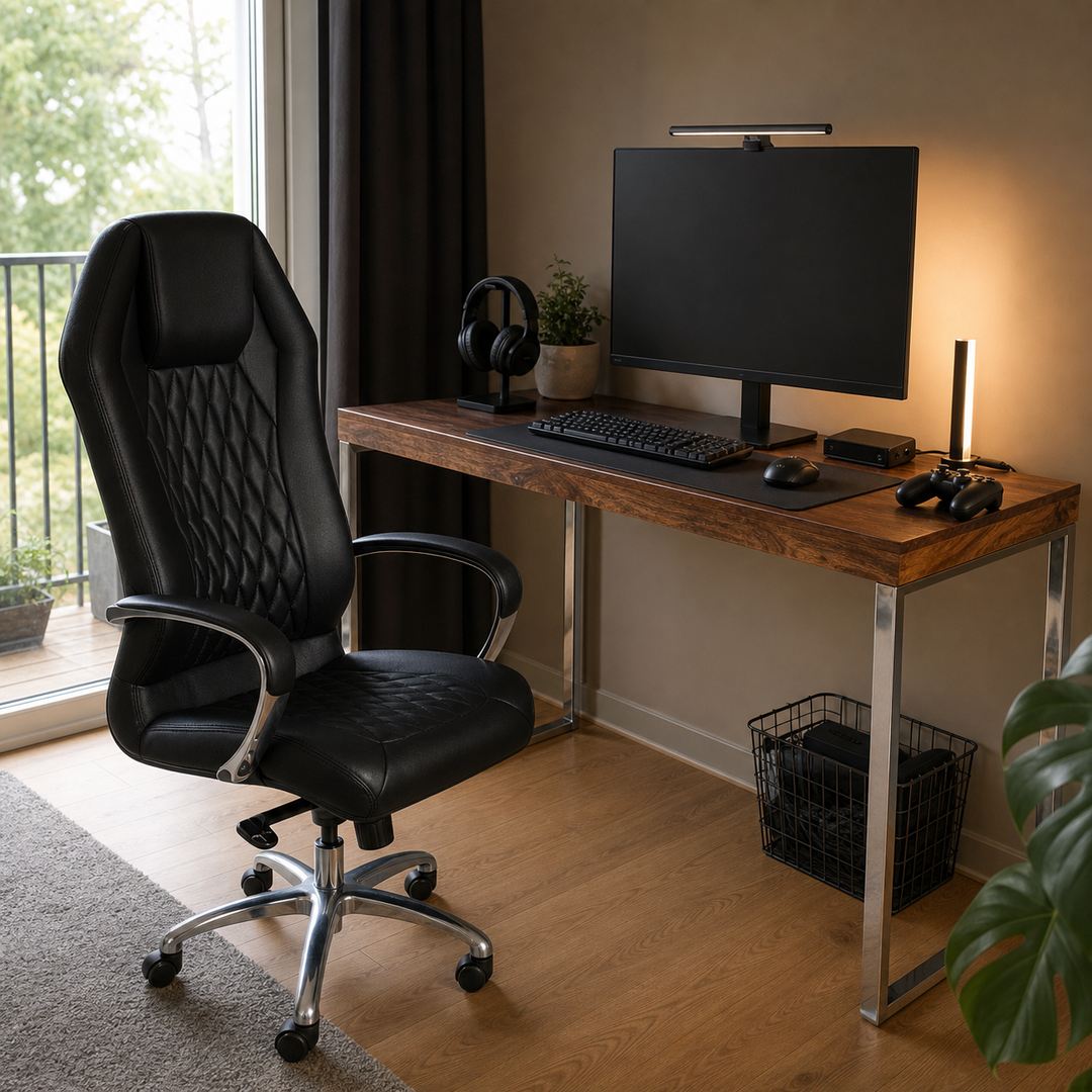 Træskrivebord og sort kontorstol i et kombineret gamer- og arbejdshjørne i roligt dagslys og tydelig daglig brug