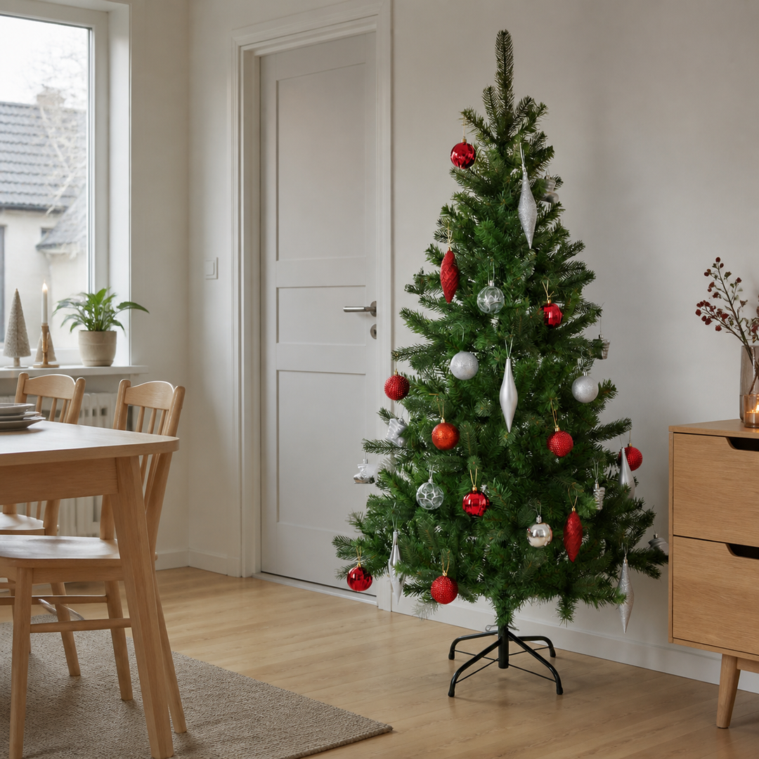 Mål gulvpladsen før du køber juletræ vist med Kunstigt juletræ 140 cm, inkl. fod i et realistisk, beboet dansk hjem