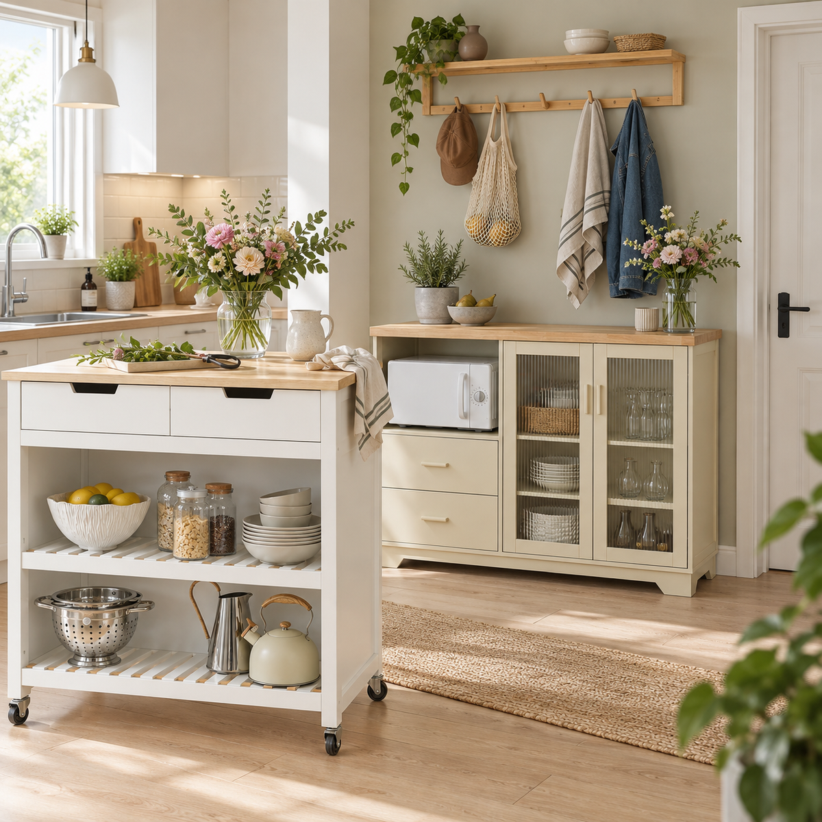 Indret en plads til blomster og buketter – køkkenvogn med trætop, beige køkkenskænk, bambusknagerække
