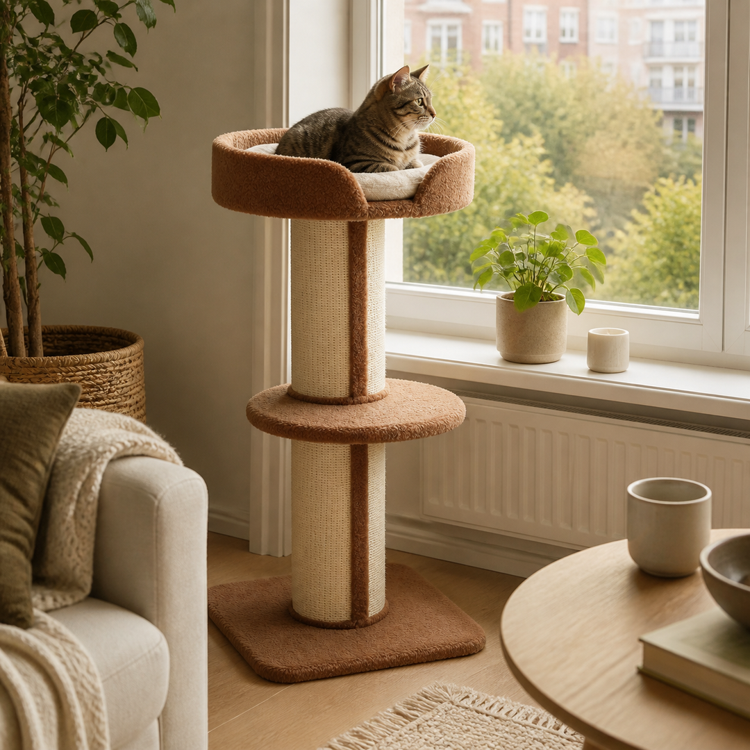 Hvor højt skal katten sidde for at få udsigt og ro? vist som konkret møbelløsning i et roligt, funktionelt dansk hjem