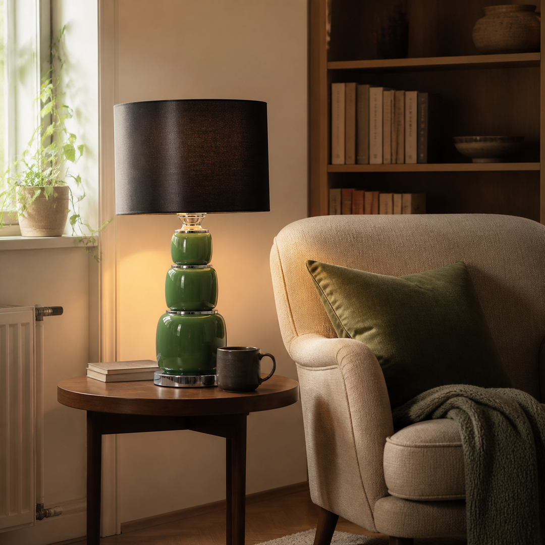 Bordlampe med grøn glasfod og sort stofskærm ved siden af en lænestol
