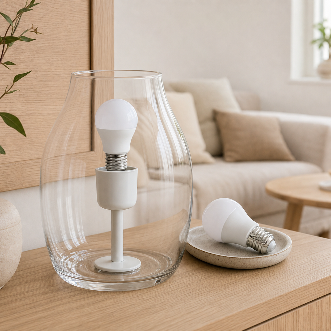 E27 LED-pære med hvid diffuser og skruesokkel i en åben glaslampe