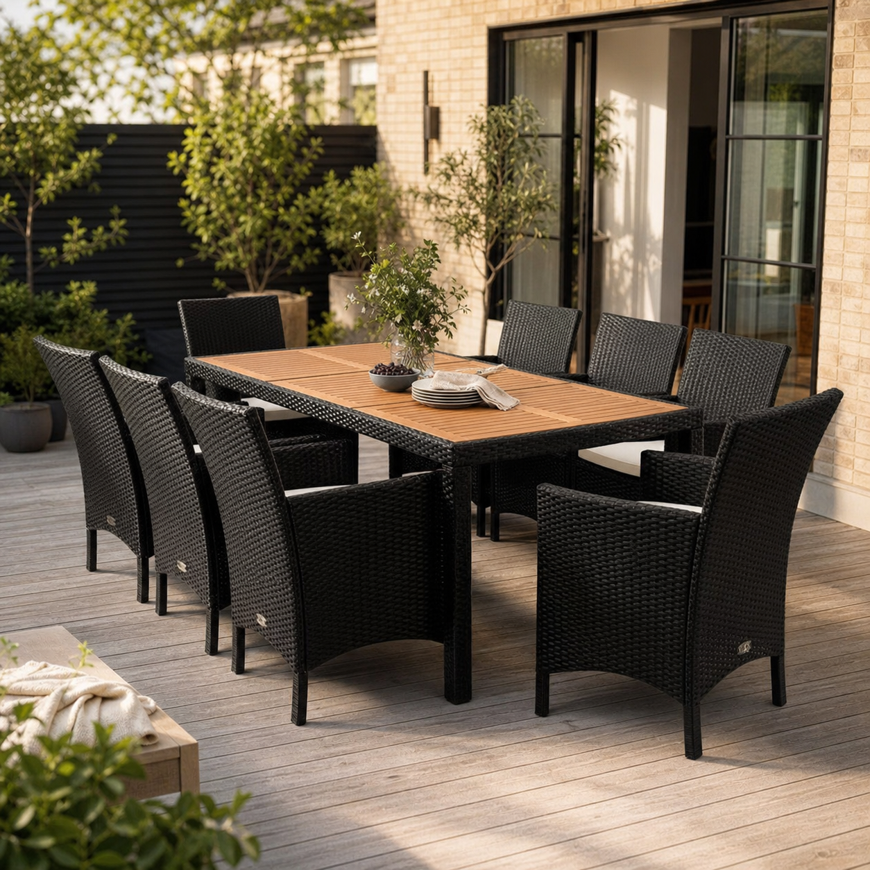 Udendørs spisegruppe som reference for low dining på terrassen i roligt dagslys og tydelig daglig brug