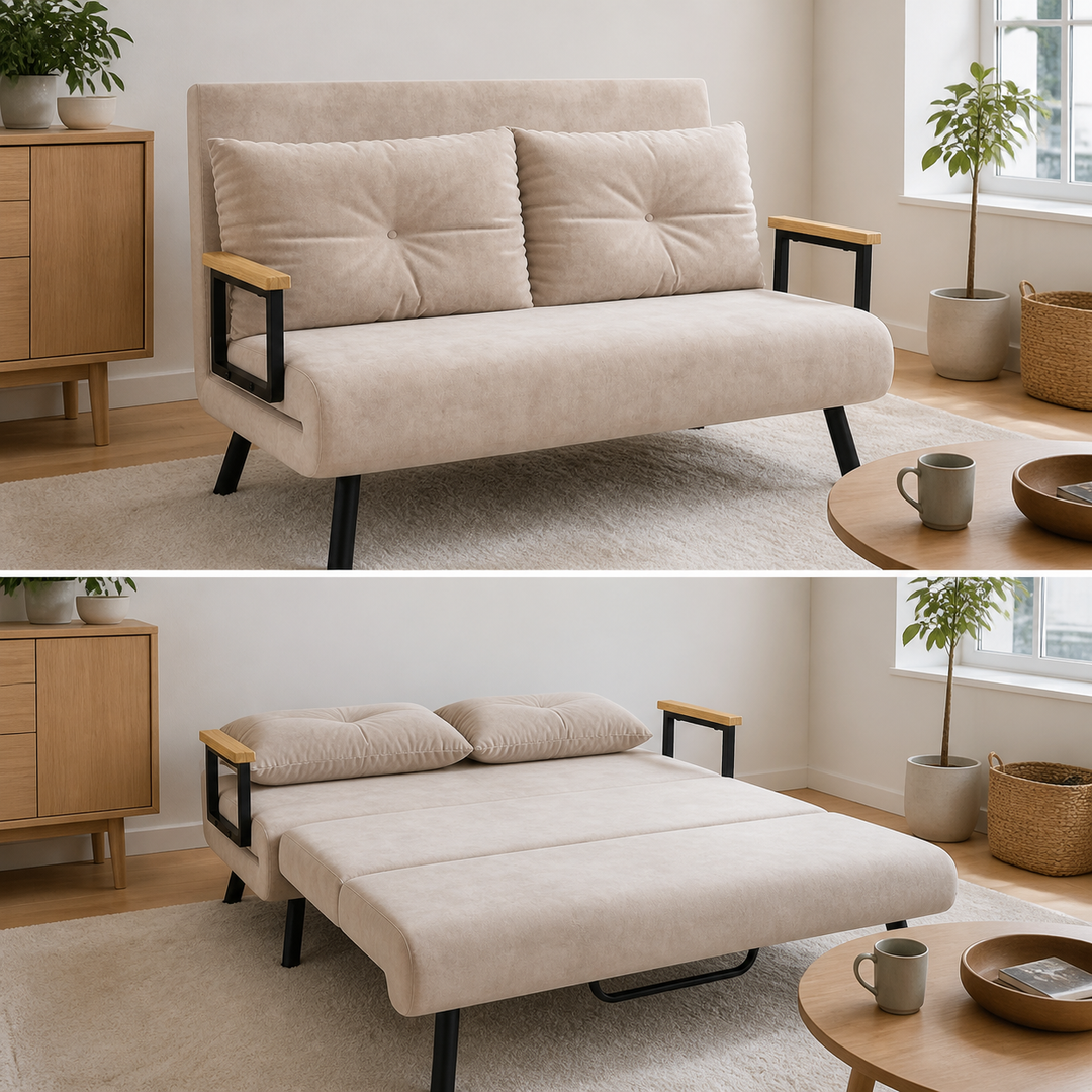 Modulsofa i to realistiske opstillinger med en fast kompakt sofa
