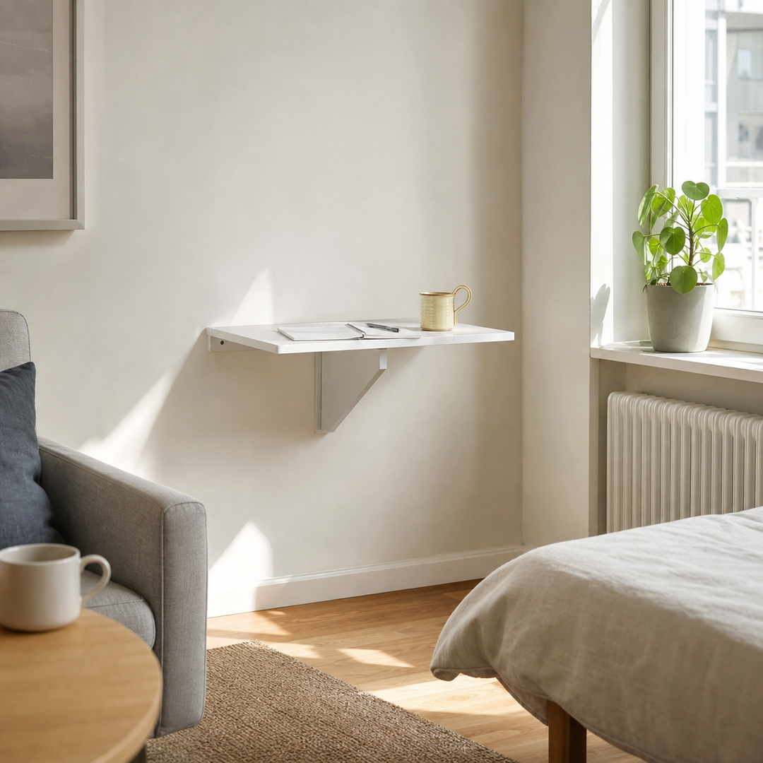 Kompakt bolig med få prioriterede møbler med et kompakt klapbord