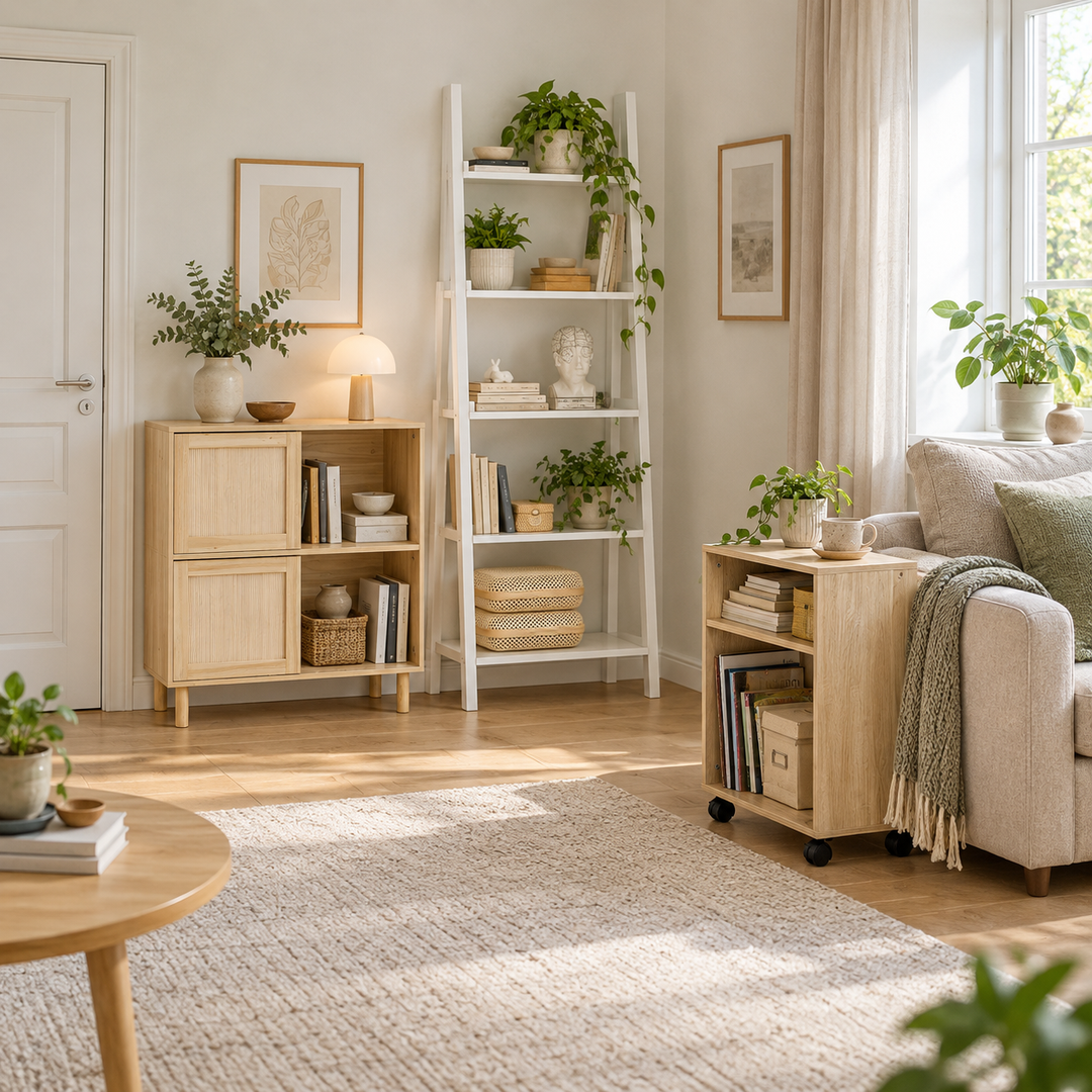 Stueoversigt på afstand med kompakt lukket sovesofa, mobilt sidebord ved armlæn, skænk og stigereol ved væggene