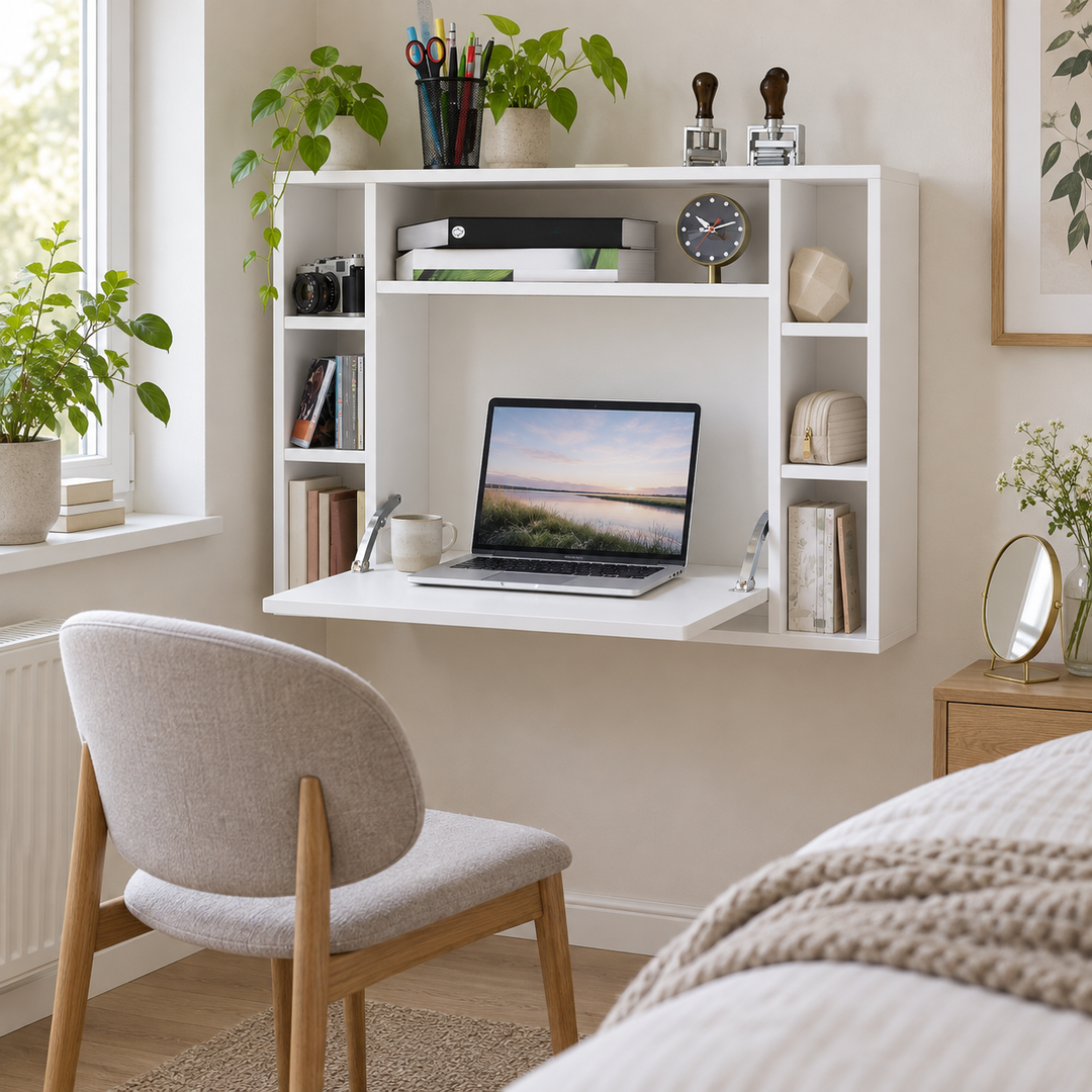 Åbent vægskrivebord med laptop og separat opbevaring til makeup