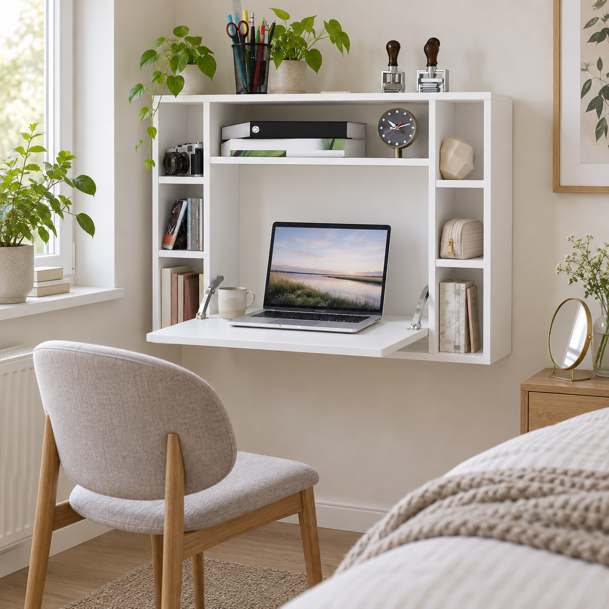 Åbent vægskrivebord med laptop og separat opbevaring til makeup