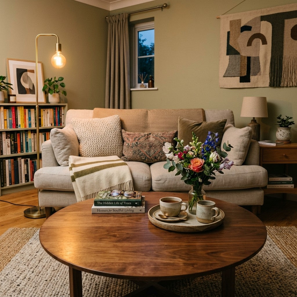 Rundt sofabord i massivt træ foran en blød sofa med en bakke med kopper og blomster i varmt lamplys